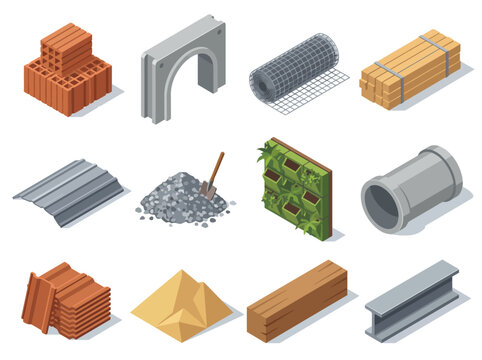 This image showcases a collection of construction materials including bricks, concrete, pipes, and wood, emphasizing the essentials required for building and creative projects.
