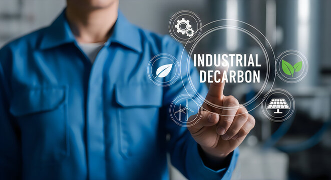 Industrial decarbonization concept with worker touching screen showing eco friendly and gears