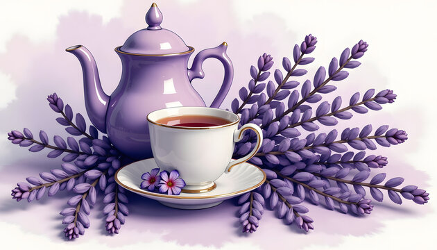 Purple teapot and cup with lavender flowers on soft background
