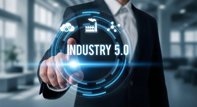 Businessman touching a futuristic holographic screen displaying Industry 5.0 with of factory and cloud