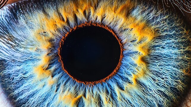Iris color mixing closeup photography blue golden sectoral heterochromia detailed patterns artistic macro lighting