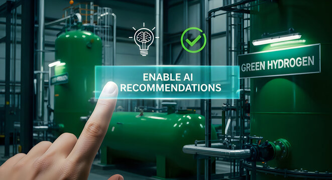 Finger pressing button to enable AI recommendations in green hydrogen production facility