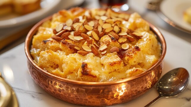 Authentic capirotada bread pudding with sliced almonds in hammered copper bowl, traditional Mexican dessert in premium restaurant setting