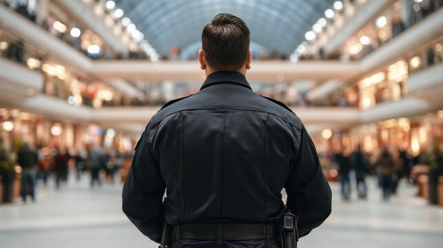 Uniformed security officer standing with back facing camera inside brightly lit large shopping center or mall interior with blurred crowd and multiple store levels