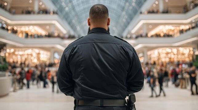 Rear view of male security guard standing inside busy modern shopping mall with blurred crowd and multiple levels in background under glass ceiling during daytime