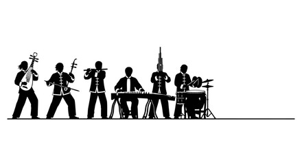 Silhouette illustration of a traditional Chinese musical ensemble playing instruments. © Misha_Naila