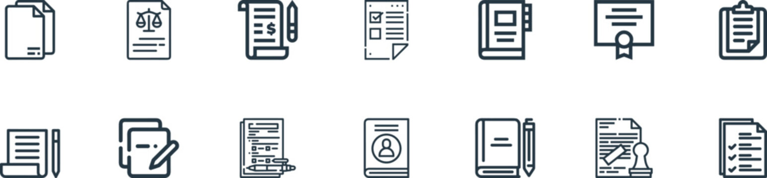 Business document and legal contract vector icons set with law scale agreement certificate book stamp clipboard and checklist line art