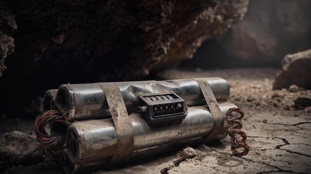 Close up of old dusty time bomb with wires and timer on cracked ground in dark cave interior