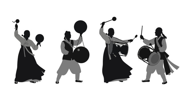 Silhouettes of traditional Korean musicians performing folk music with drums.