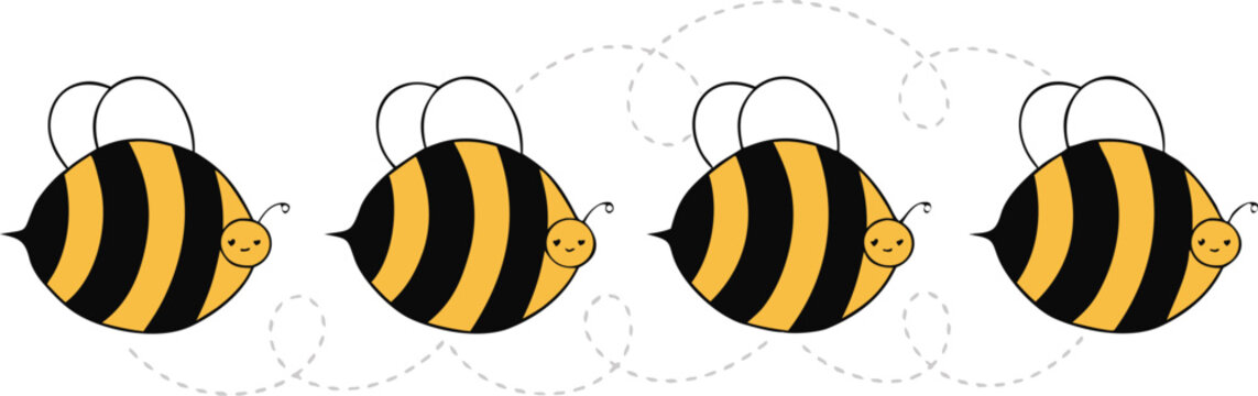 Set of cartoon bees flying with dashed line trails. A small bees flying on a dotted route. Wasp collection. Vector characters. Incest icon. Template design for invitation, cards. Doodle style
Vector 