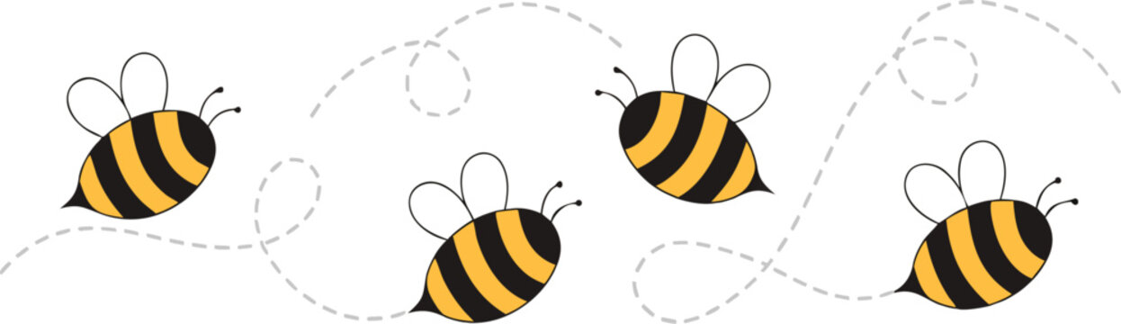 Set of cartoon bees flying with dashed line trails. A small bees flying on a dotted route. Wasp collection. Vector characters. Incest icon. Template design for invitation, cards. Doodle style
Vector 