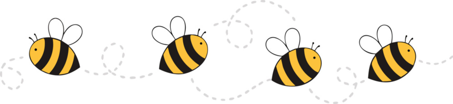Set of cartoon bees flying with dashed line trails. A small bees flying on a dotted route. Wasp collection. Vector characters. Incest icon. Template design for invitation, cards. Doodle style
Vector 