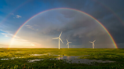 Fototapeta premium Golden Hour Rainbow Over Modern Wind Farm, Serene Sustainable Landscape, windfarm climate change, renewable energy