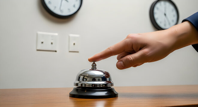 Hand pressing a silver service bell on a wooden counter in a hotel lobby with clocks on the wall