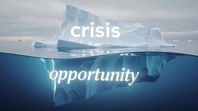 Iceberg metaphor showing crisis above water and opportunity below symbolizing hidden potential and challenges