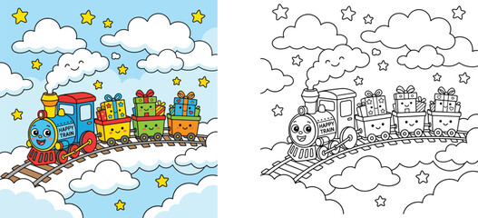 Cute Cartoon Happy Train Carrying Gifts Flying in the Sky Among Clouds and Stars, Includes Colored Version and Black and White Line Art Coloring Page for Kids Educational Activity © MMONIR