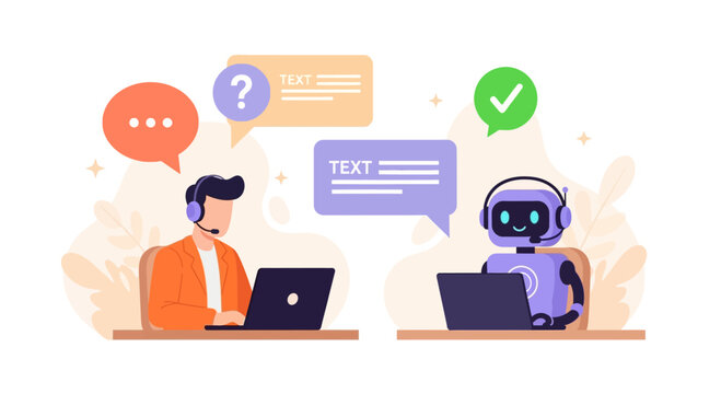 A man and a robot working together on laptops in a digital office environment.