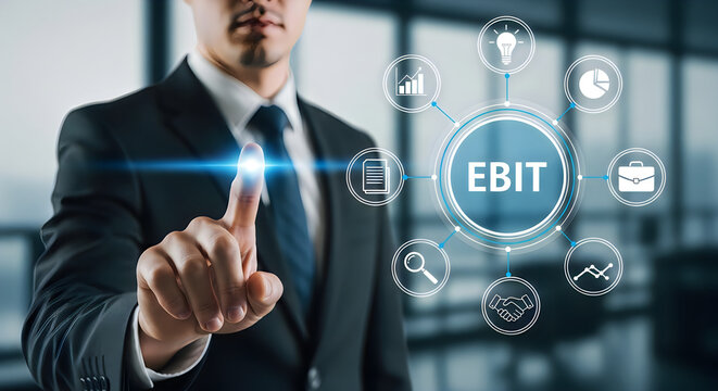Businessman touching a digital screen displaying EBIT and financial growth