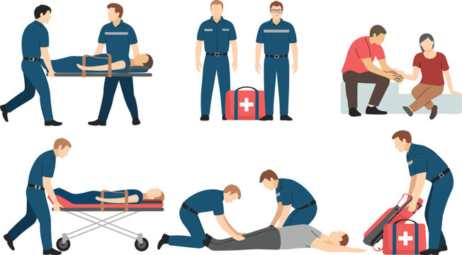 Paramedic Emergency Medical Service Illustration Set with Ambulance Workers First Aid Rescue and Patient Treatment Scenes