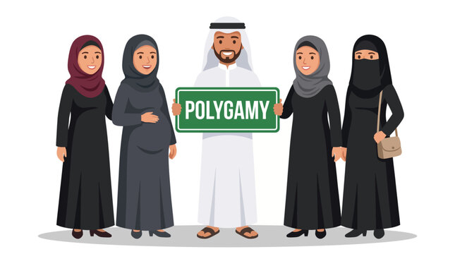 Arab man holding a sign that says polygamy surrounded by four wives in traditional clothing.