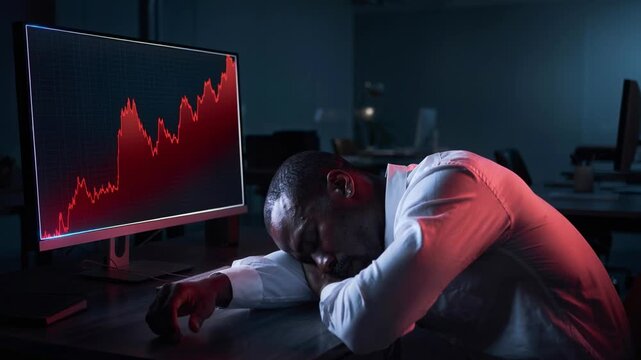 Tired businessman sleeping at desk next to computer showing rising stock market graph in dark office