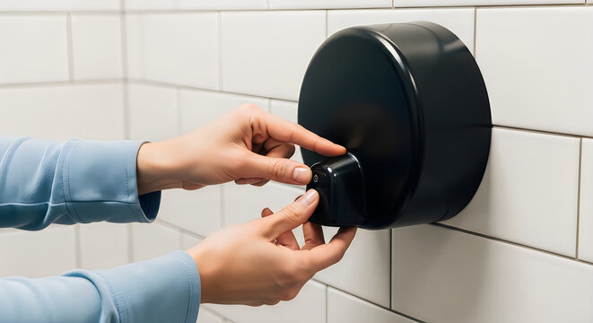 Person's hands pressing the button on a black automatic hand dryer mounted on a white tiled wall