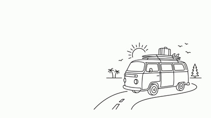 Hand drawn illustration of a vintage camper van traveling on a road. © santi erna