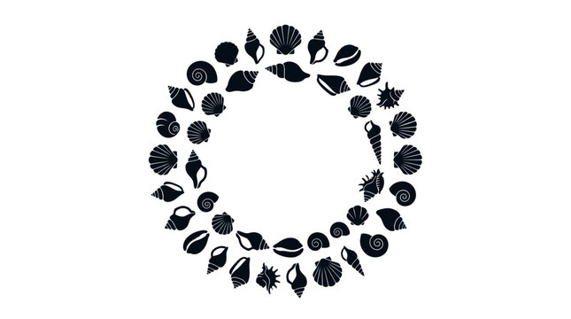 A circular frame made of black silhouette seashells on a white background.