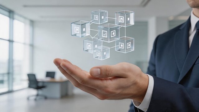 Business professional presenting floating blockchain node structure with interconnected transparent cubes, illustrating distributed ledger technology architecture and peer-to-peer