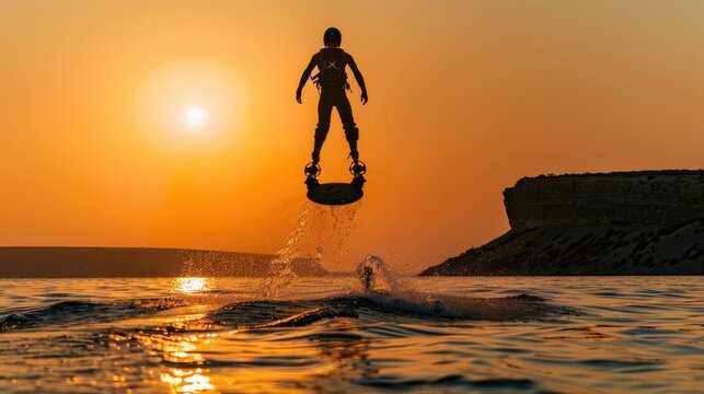 Silhouette of a Flyboarder Soaring Towards Sunset