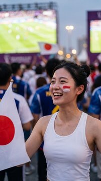 Happy Japanese female fan with face paint holding a national flag in a crowded stadium during a sports event