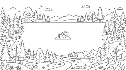 Obraz premium Black and white line art illustration of a serene mountain lake landscape.