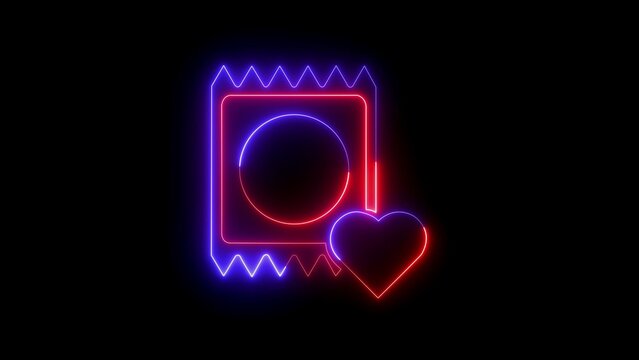 Dual tone neon featuring a condom wrapper and heart symbol with blue and red glowing lines set against a dark black background, for modern sexual, health and wellness, education visuals