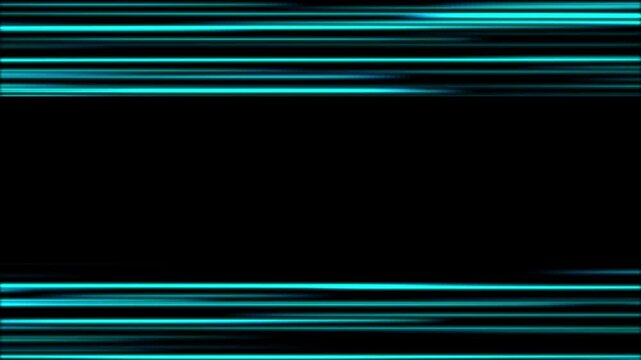 Futuristic blue neon speed lines frame animation on black background with glowing light streaks overlay. Horizontal energy trails with copy space, Sparkle laser border. Modern dynamic backdrop loop