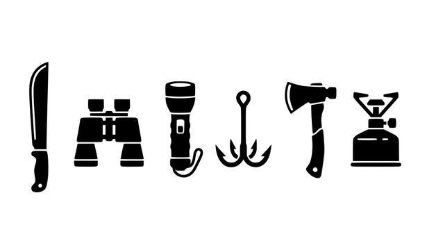 Black outdoor adventure equipment silhouettes vector collection with survival gear icons isolated on white
