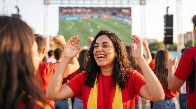 A happy Spanish fan with her face painted with the American flag, cheering for Spain in the World Cup.