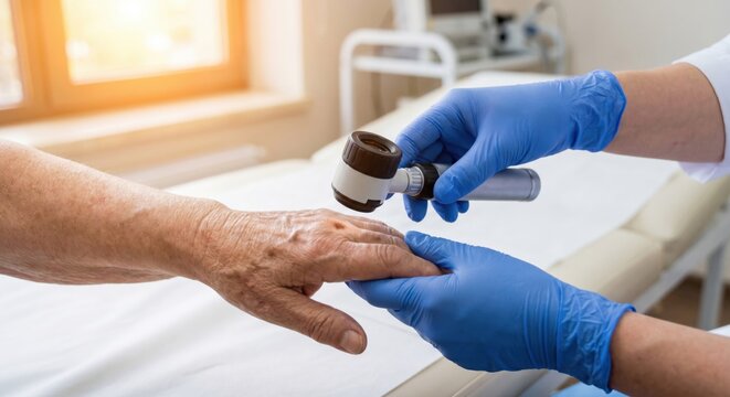 Doctor examining age spot on senior patient's hand