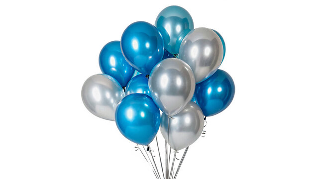 A festive bunch of shiny metallic blue and silver helium balloons tied together for party decoration isolated on transparent background cut out