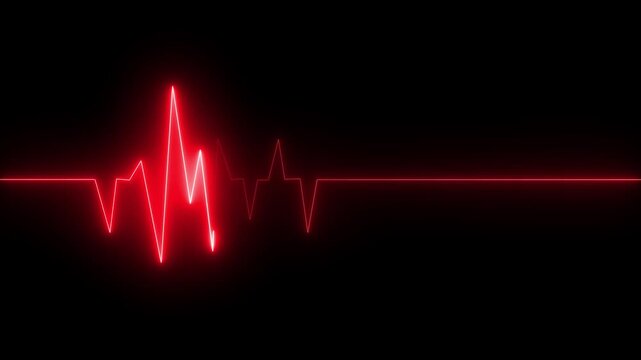   
Glowing neon red color heartbeat rate and pulse line .Neon ECG line animation video on black background. Heart beat. Electrocardiogram. One pulse line.
