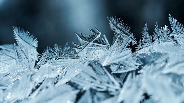 Close-up of detailed ice crystals in macro style on a dark blurred background, symbolizing winter and cold beauty