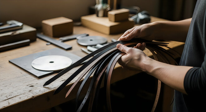 Craftsman's hands holding a bundle of dark leather strips on a rustic wooden workbench