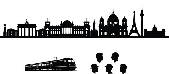 Silhouettes of European city landmarks skyline with train and people profiles © MdAbdus