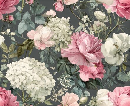 Elegant, luxury, vintage seamless repeatable pattern featuring blooming pink and white flowers, peon roses, hydrangeas