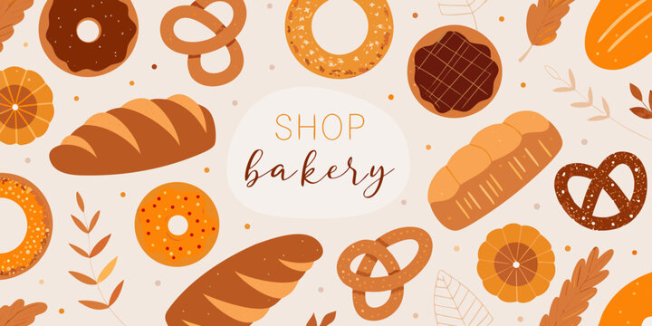 bakery seamless pattern with bread pastries and wheat stalks