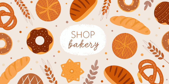 bakery pattern with bread pastries and wheat stalks