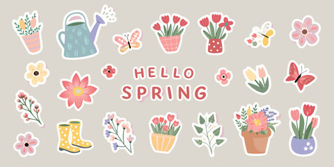 spring sticker collection with flowers butterflies and gardening tools © Topoti