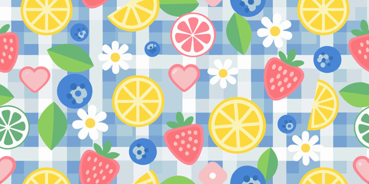 fruit pattern with strawberries blueberries lemons and flowers