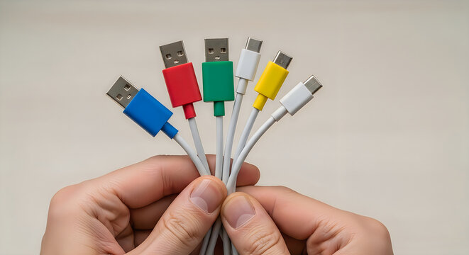 Hands holding a fan of colorful USB charging cables with various connector types