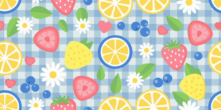 fruit pattern with strawberries lemons and blueberries on blue gingham