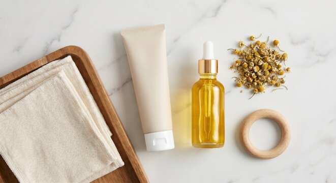 Natural baby skincare products and organic cotton wipes on marble